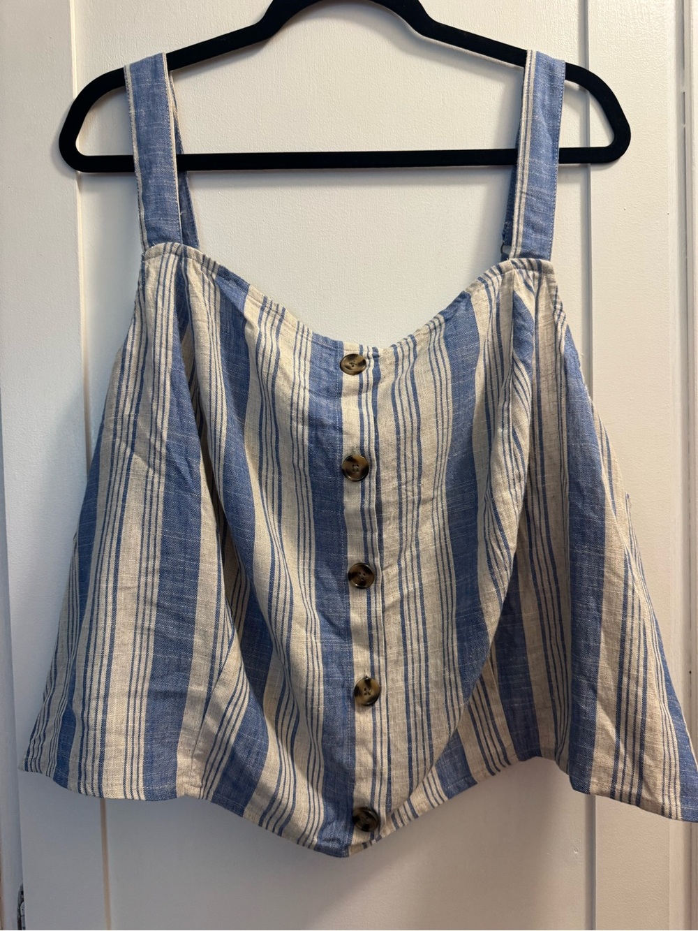 Blue and White Striped Button-Front Tank Top linen blend